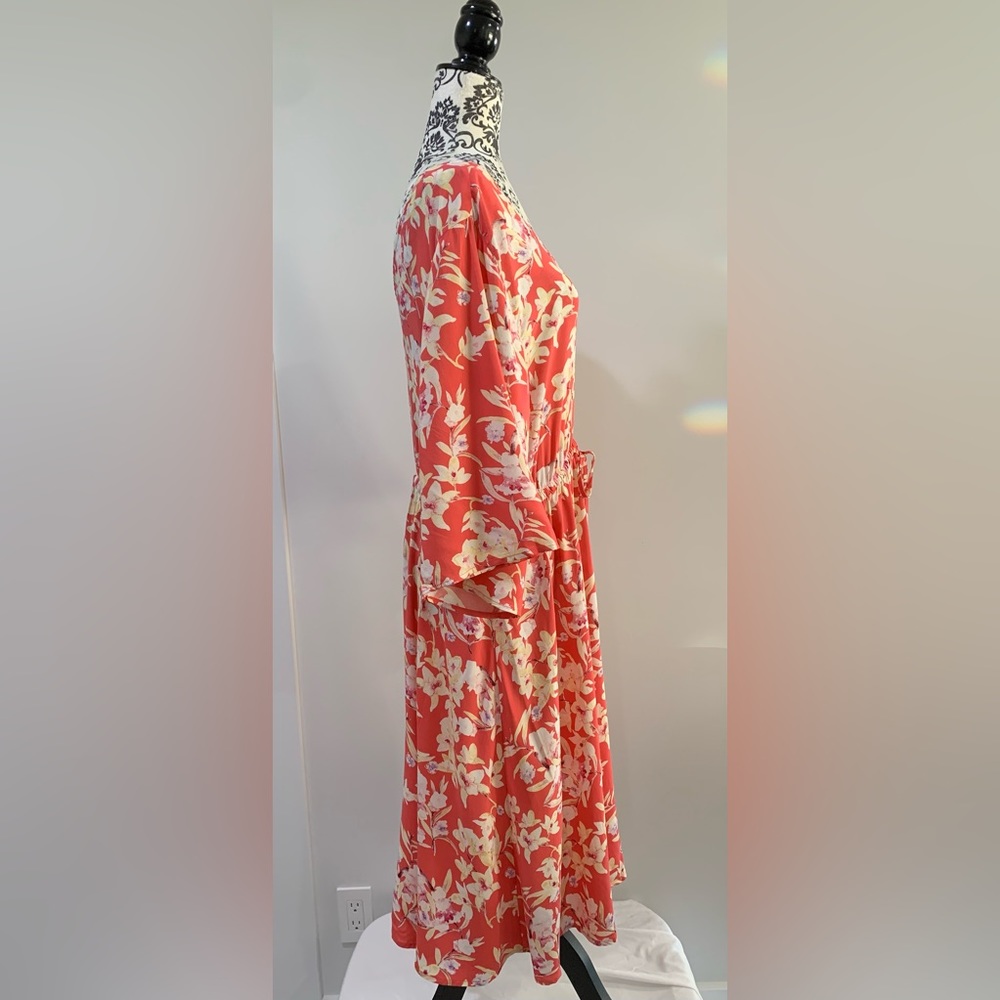George, coral floral midi dress, with drawstring waist, size: 1X